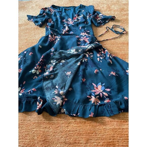 Lulu’s Teal Blue Floral Print Ruffle Wrap Dress M - Picture 5 of 9